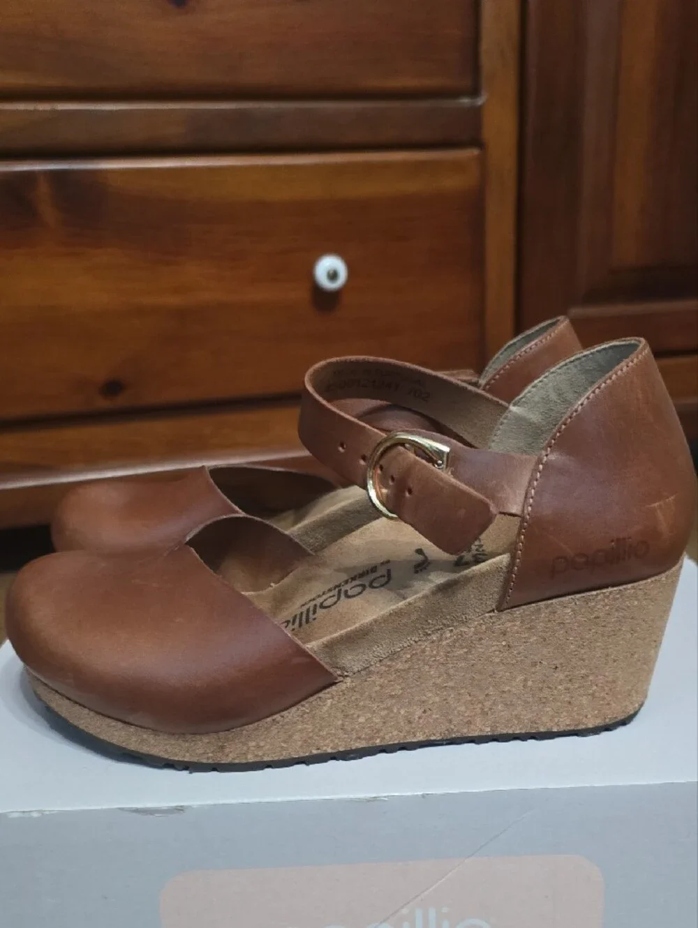 Papillio Cognac Mary Ring-Buckle Ankle Strap Wedge Sandals - Birkenstock 37